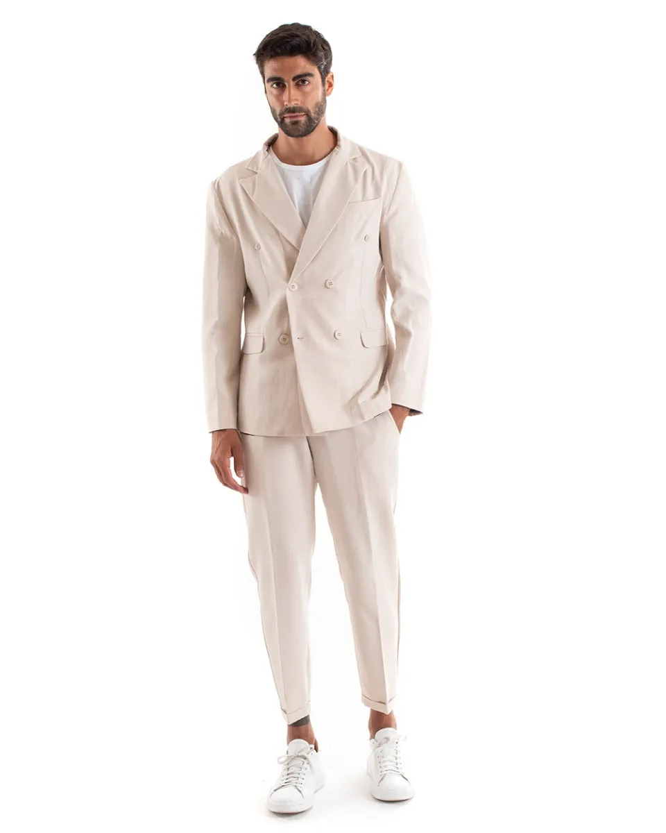 Abito Uomo Doppiopetto Vestito Viscosa Completo Giacca Pantaloni Beige Sportivo Elegante Cerimonia GIOSAL-OU2159A