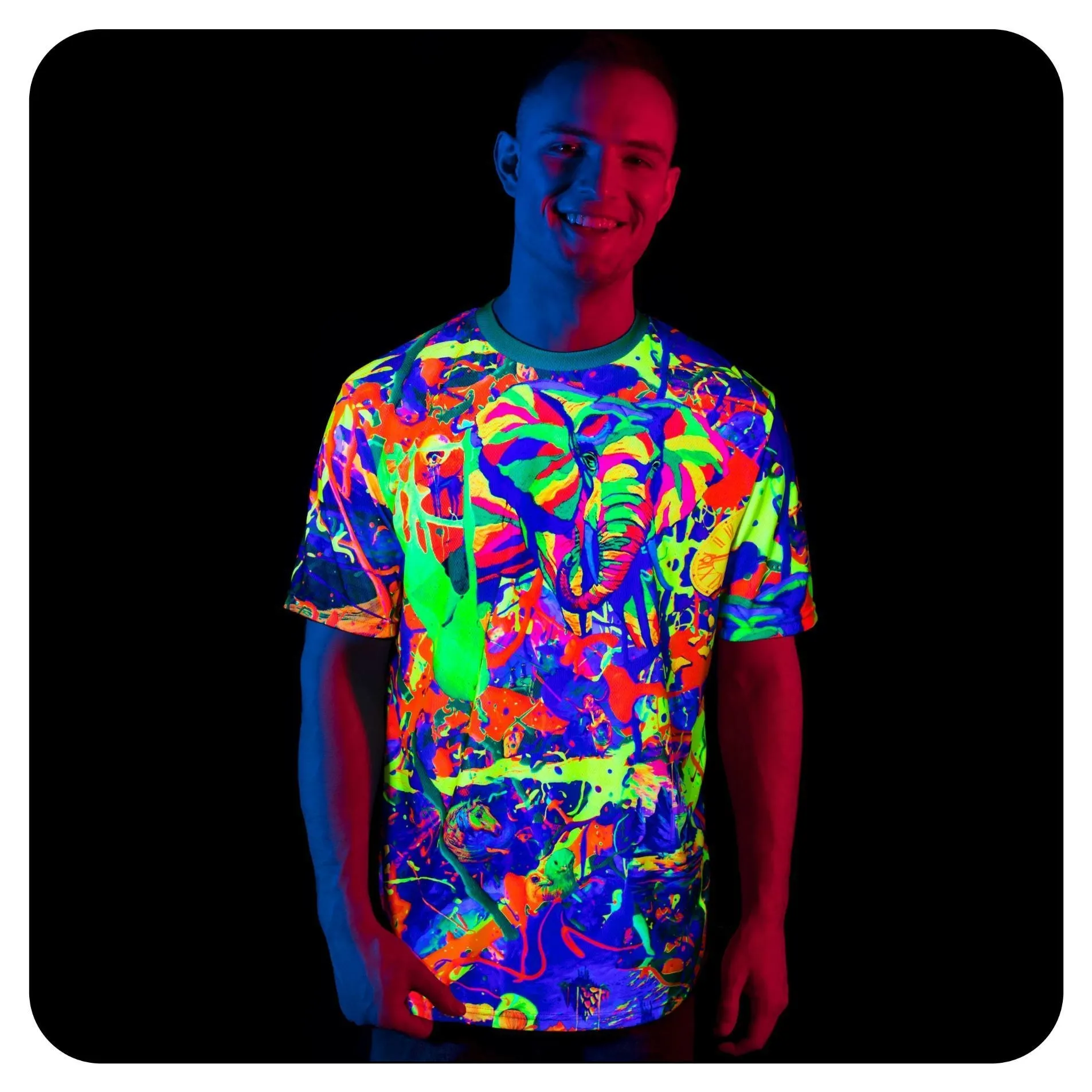 Animal TShirt Glow in UV Fluorescent Splash Elegant Elephant