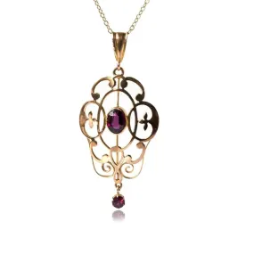 Antique Edwardian Garnet 9ct Gold Pendant Necklace