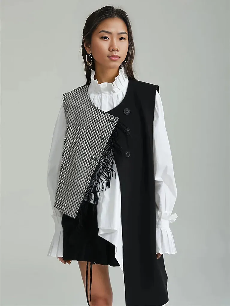 Asymmetrical Patchwork Vest with Fringe Decoration – Edgy Office Style