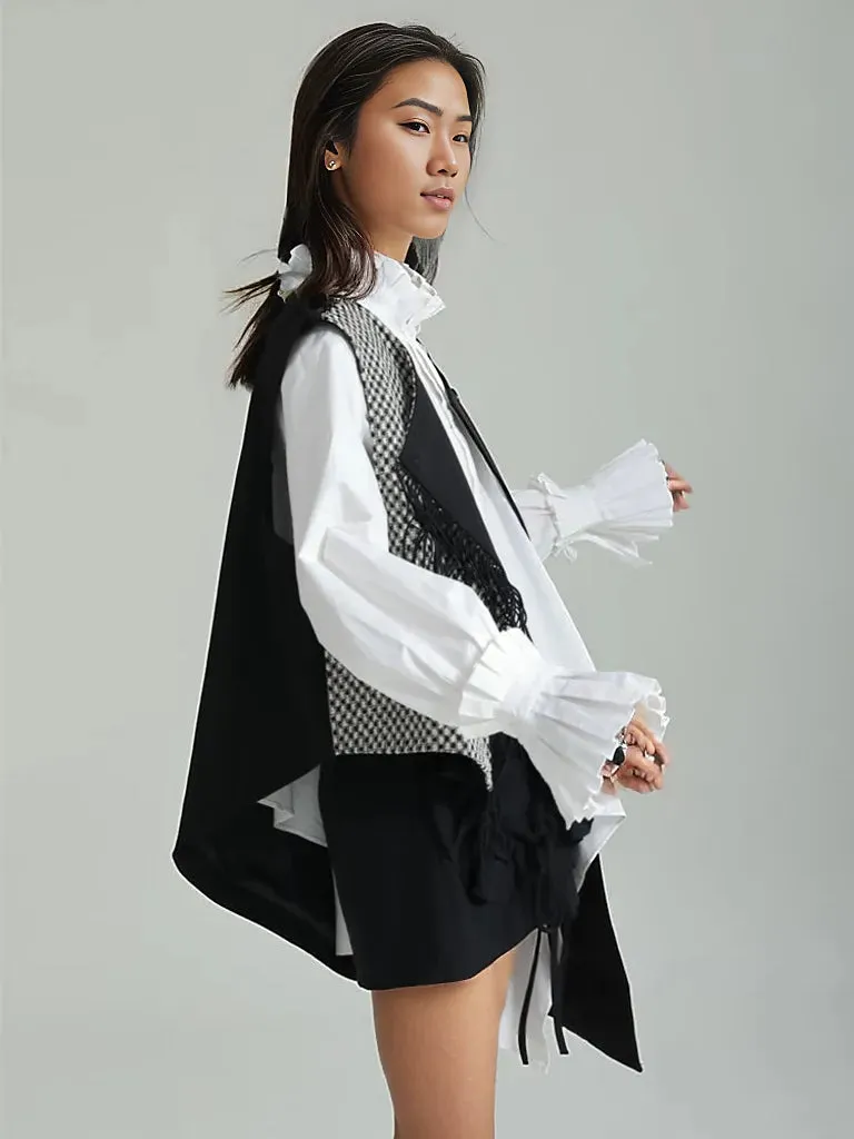 Asymmetrical Patchwork Vest with Fringe Decoration – Edgy Office Style