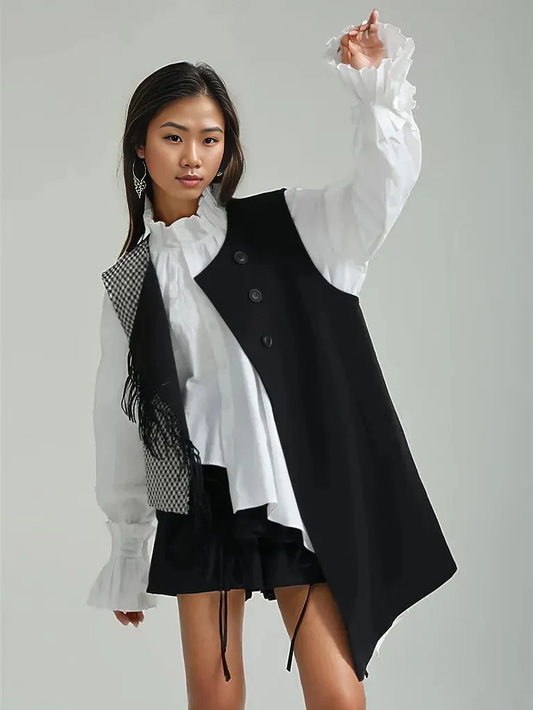 Asymmetrical Patchwork Vest with Fringe Decoration – Edgy Office Style