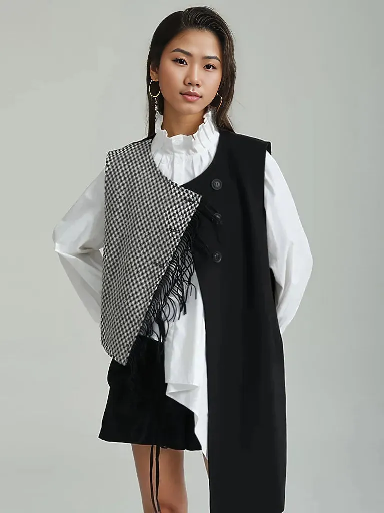 Asymmetrical Patchwork Vest with Fringe Decoration – Edgy Office Style