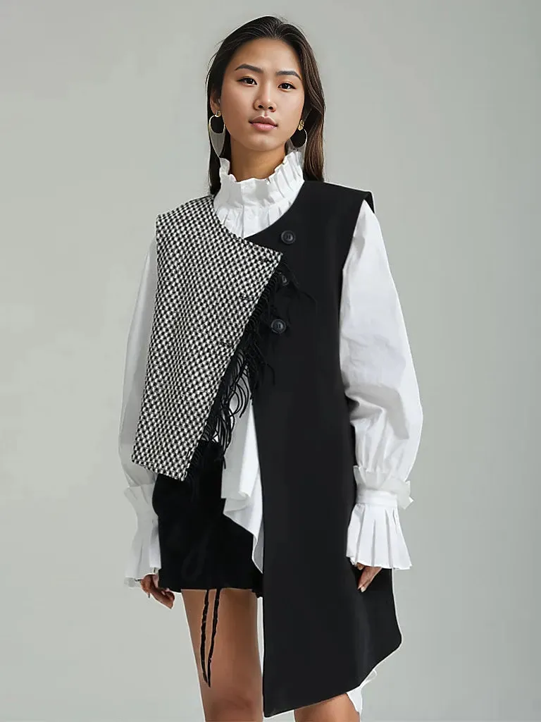 Asymmetrical Patchwork Vest with Fringe Decoration – Edgy Office Style