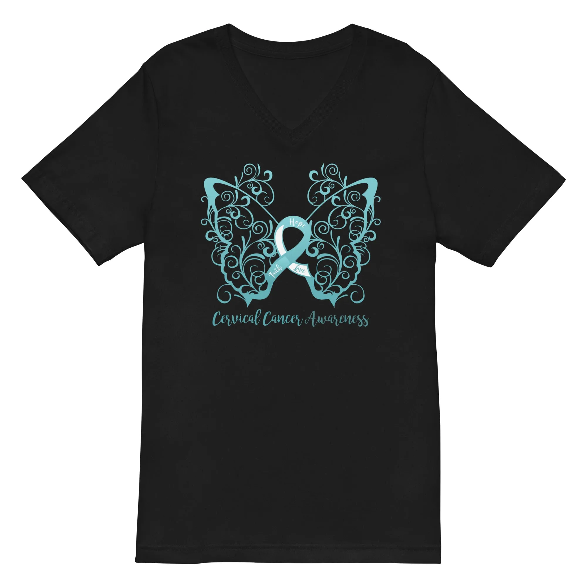 Cervical Cancer Awareness Filigree Butterfly V-Neck T-Shirt