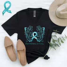 Cervical Cancer Awareness Filigree Butterfly V-Neck T-Shirt