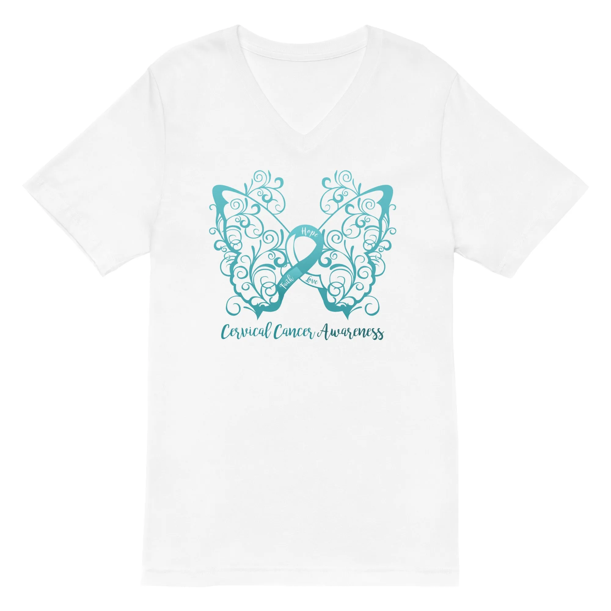 Cervical Cancer Awareness Filigree Butterfly V-Neck T-Shirt