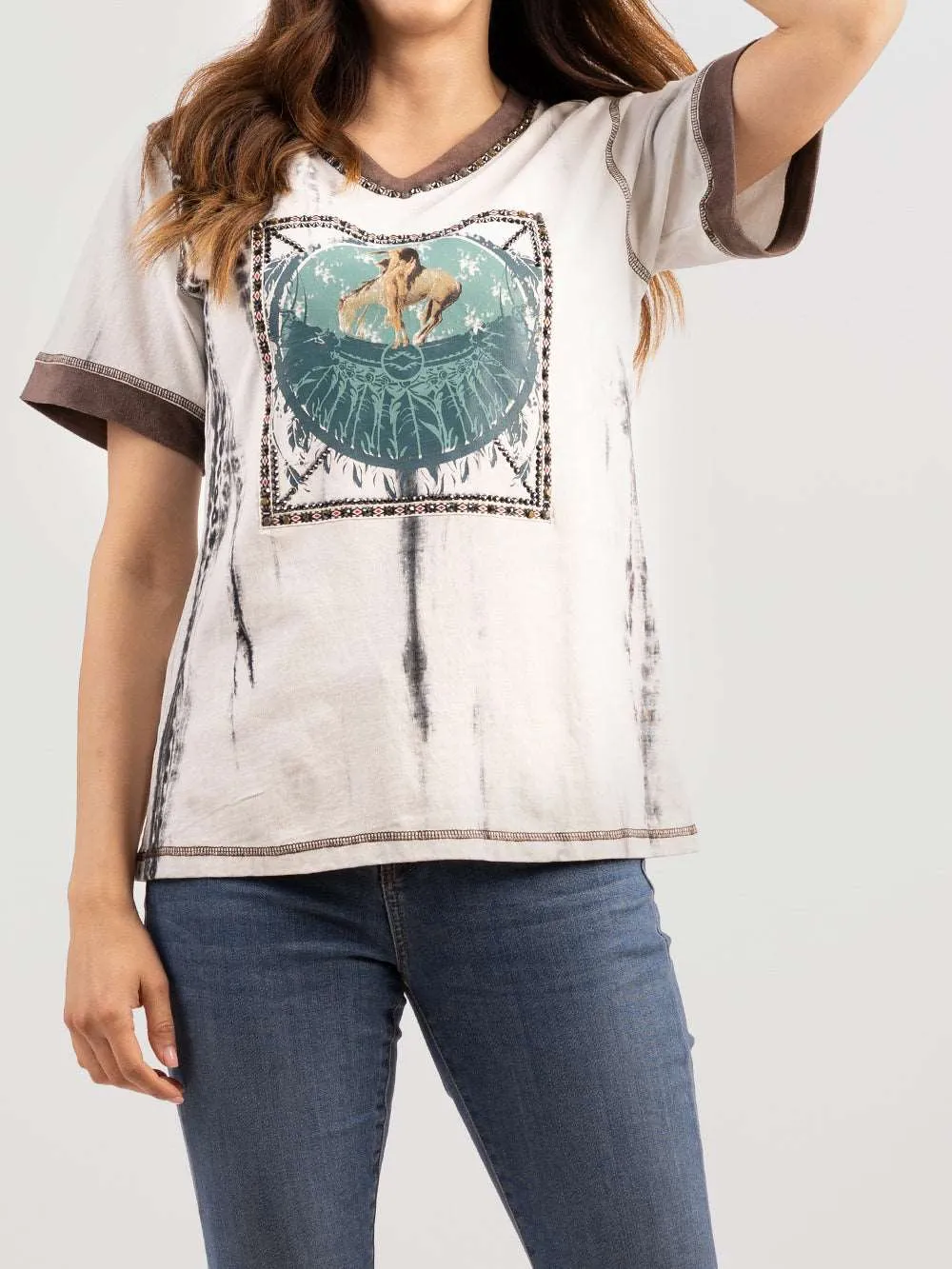 Delila Women Ink Splashed Aztec Rodeo Collection Rhinestone Tee