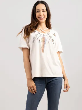 Delila Women's Washed Feather Arrow Print Tee With Rhinestones