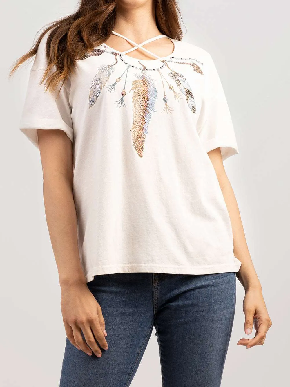 Delila Women's Washed Feather Arrow Print Tee With Rhinestones