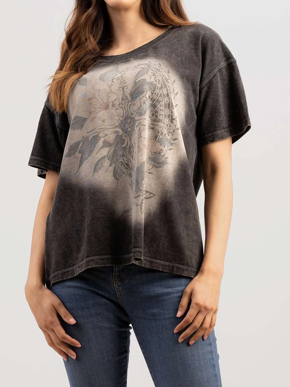 Delila Women's Washed Floral Cross Tee