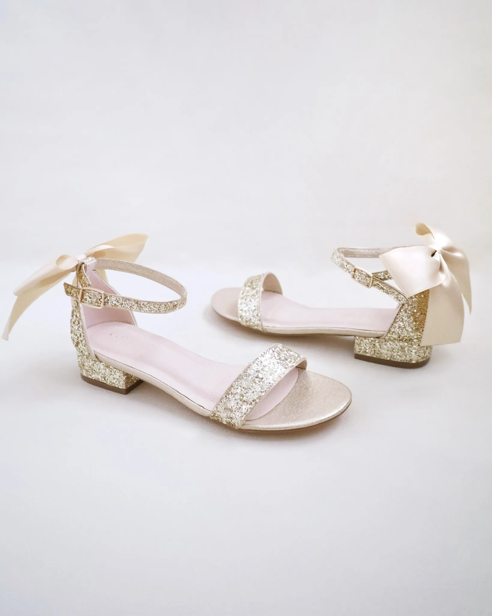 Gold Rock Glitter Low Block Heel Wedding Sandals with Back Satin Bow