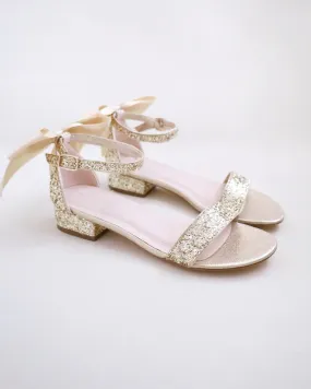 Gold Rock Glitter Low Block Heel Wedding Sandals with Back Satin Bow