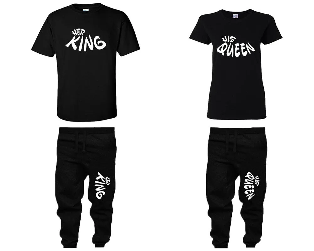 Her King His Queen Couple Matching T Shirts and Jogger Pants Top Bottom Matching Set