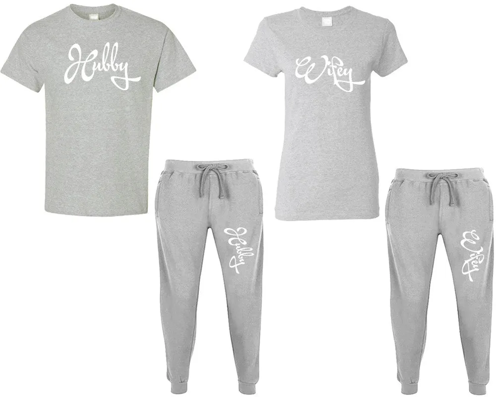 Hubby Wifey Couple Matching T Shirt and Jogger Pants Top & Bottom Sets