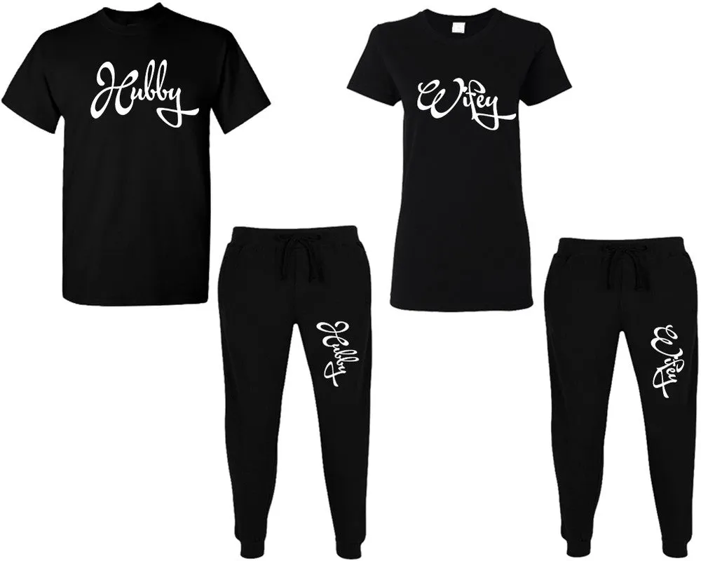 Hubby Wifey Couple Matching T Shirt and Jogger Pants Top & Bottom Sets