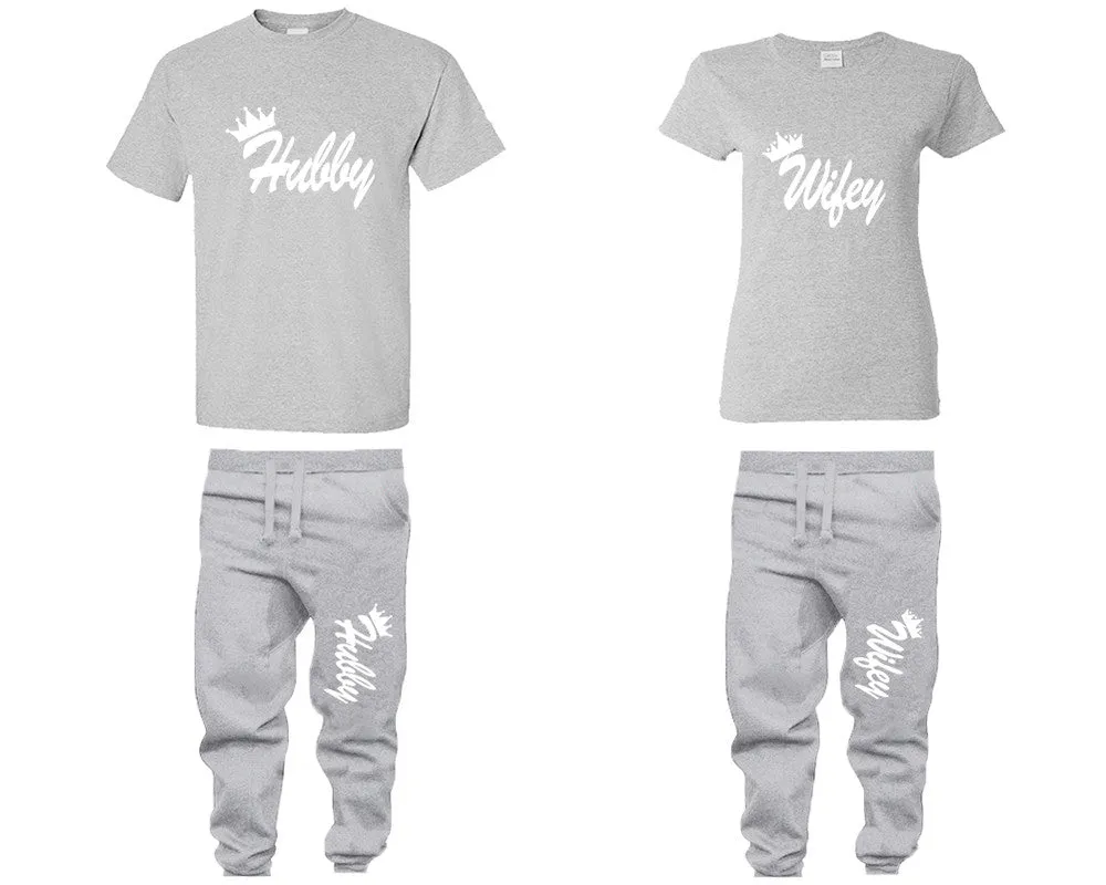 Hubby Wifey Couple Matching T Shirts and Jogger Pants Top Bottom Matching Set