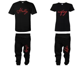 Hubby Wifey Couple Shirts and Jogger Pants,  Red Glitter Design