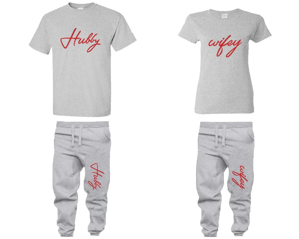 Hubby Wifey Couple Shirts and Jogger Pants,  Red Glitter Design