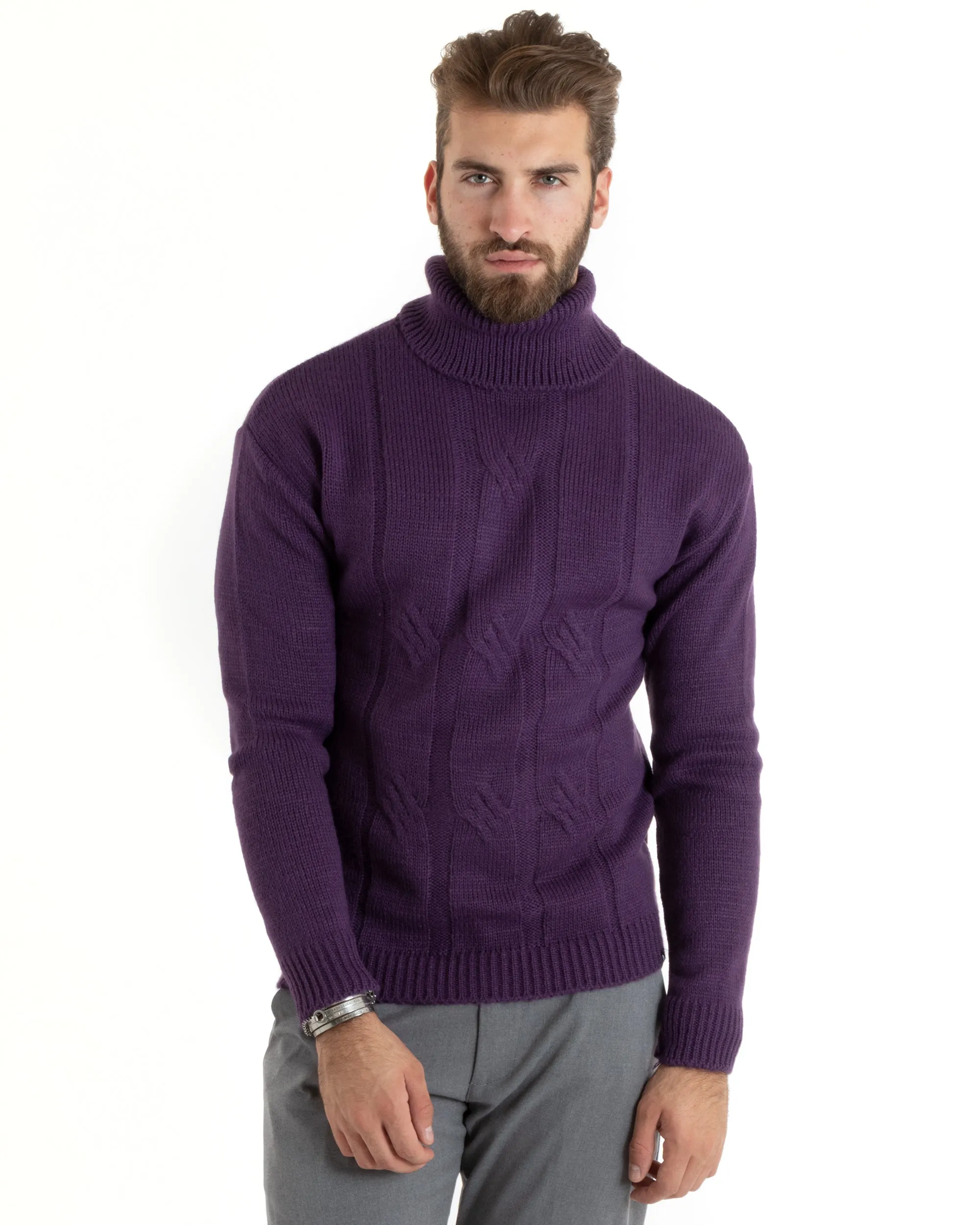 Maglioncino Uomo Collo Alto Maglia Inglese Con Trecce Viola Pullover Dolcevita GIOSAL-M2725A