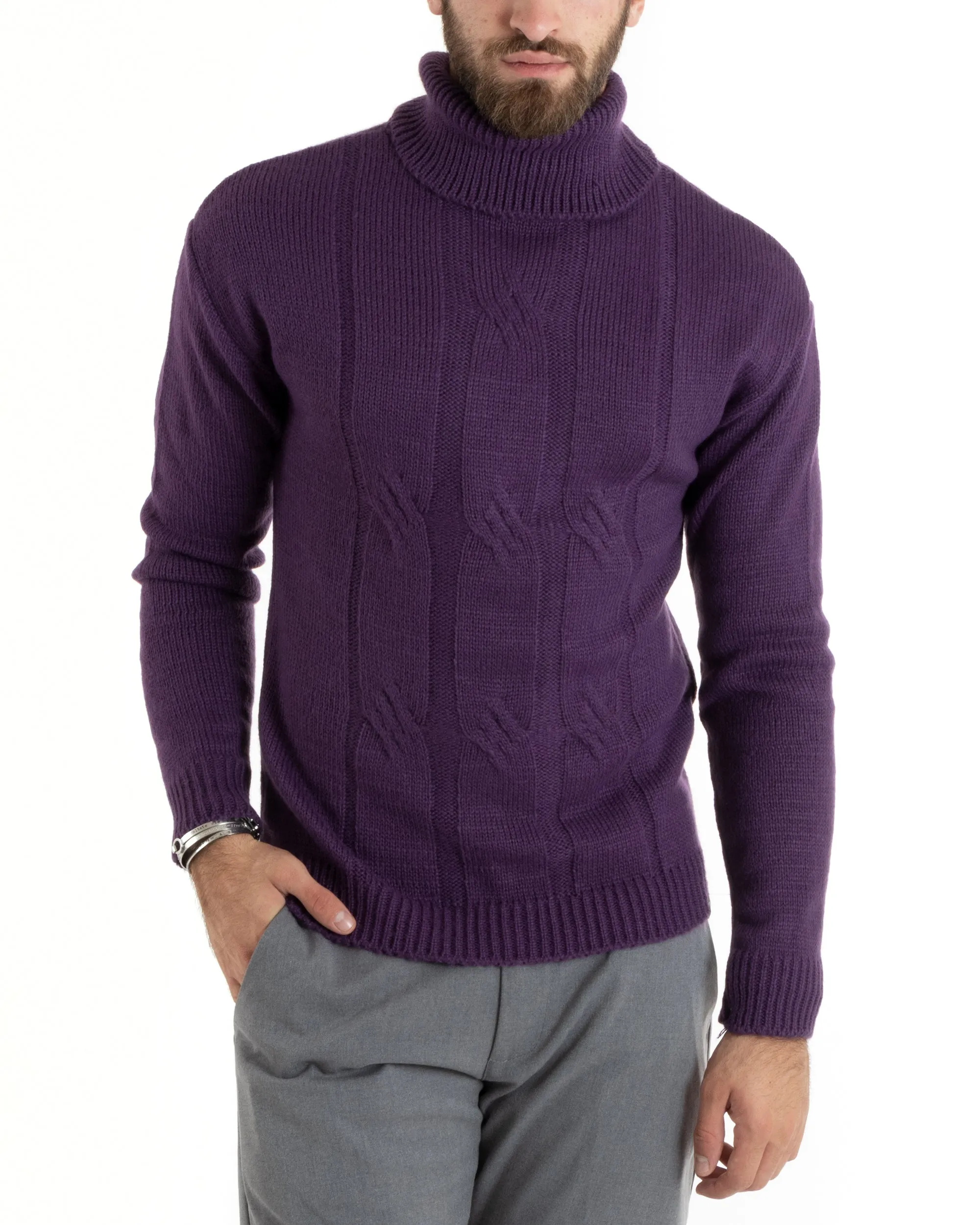 Maglioncino Uomo Collo Alto Maglia Inglese Con Trecce Viola Pullover Dolcevita GIOSAL-M2725A