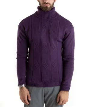 Maglioncino Uomo Collo Alto Maglia Inglese Con Trecce Viola Pullover Dolcevita GIOSAL-M2725A