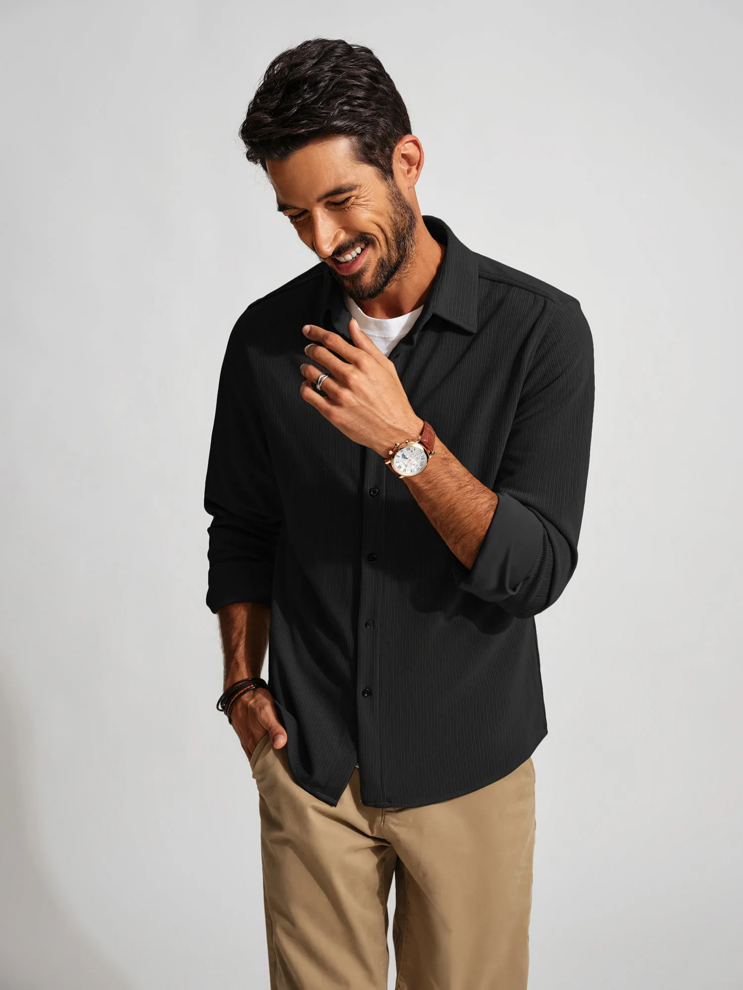 Men Curved Hem Shirt Casual Long Sleeve Lapel Collar Button-up Tops