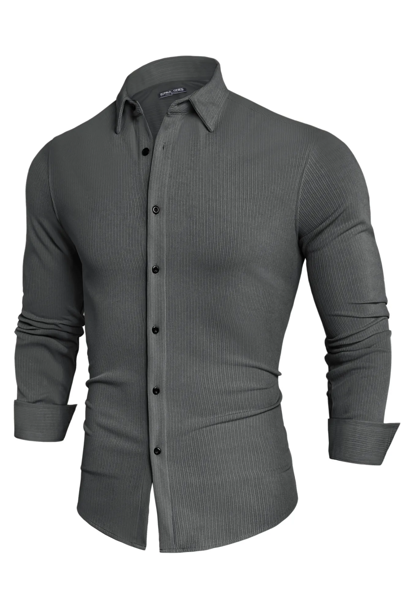 Men Curved Hem Shirt Casual Long Sleeve Lapel Collar Button-up Tops