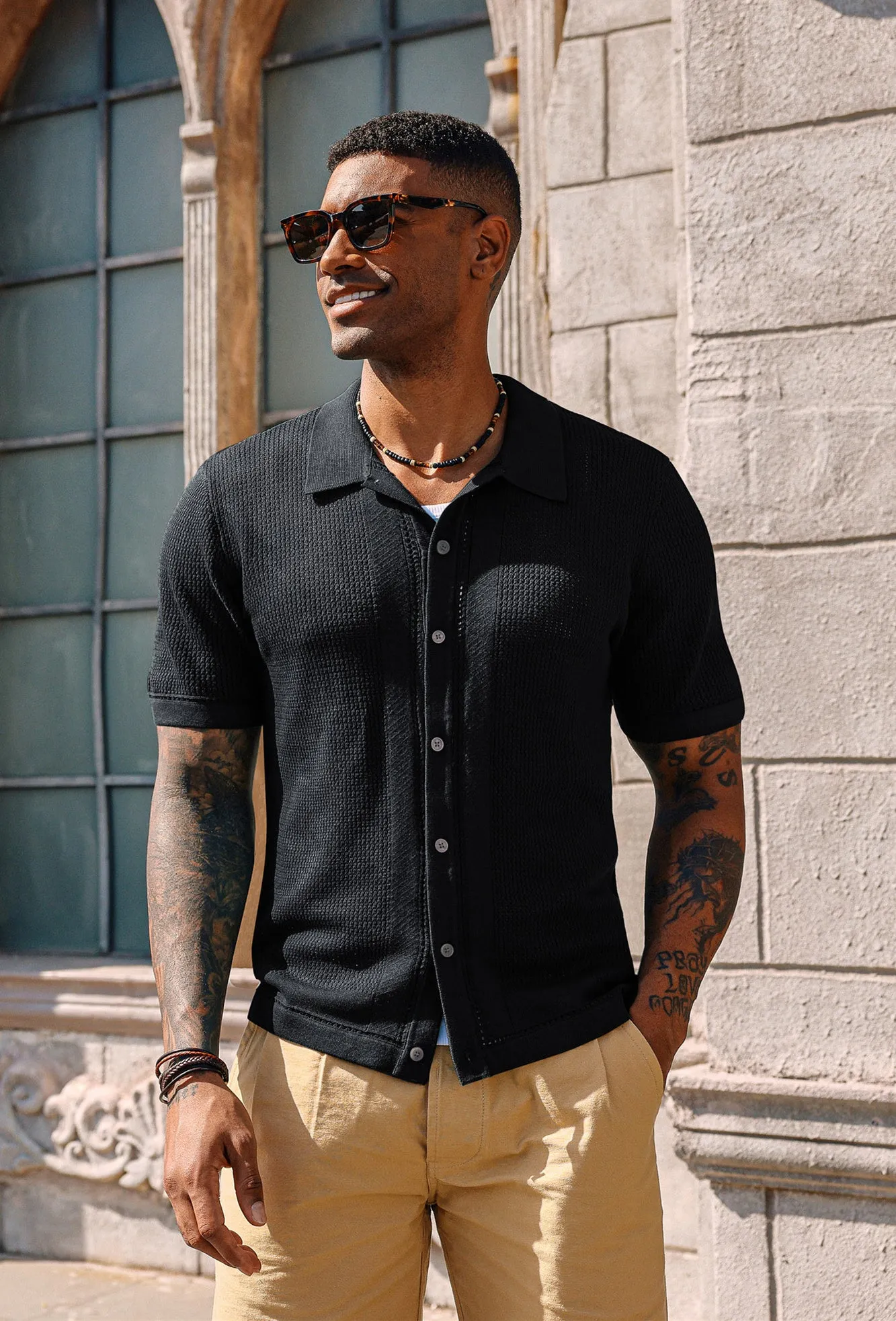 Men Hollowed-out Cardigan Short Sleeve Lapel Collar Button-up Sweater Knitwear