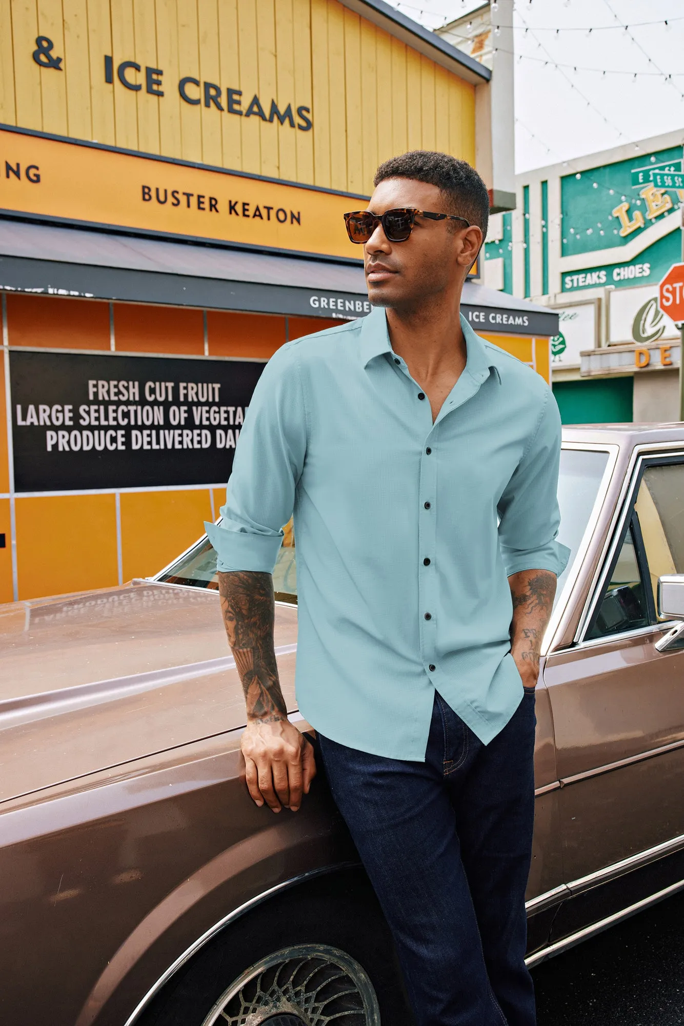 Men Stylish Shirt Long Sleeve Classic Collar Curved Hem Button-up Tops