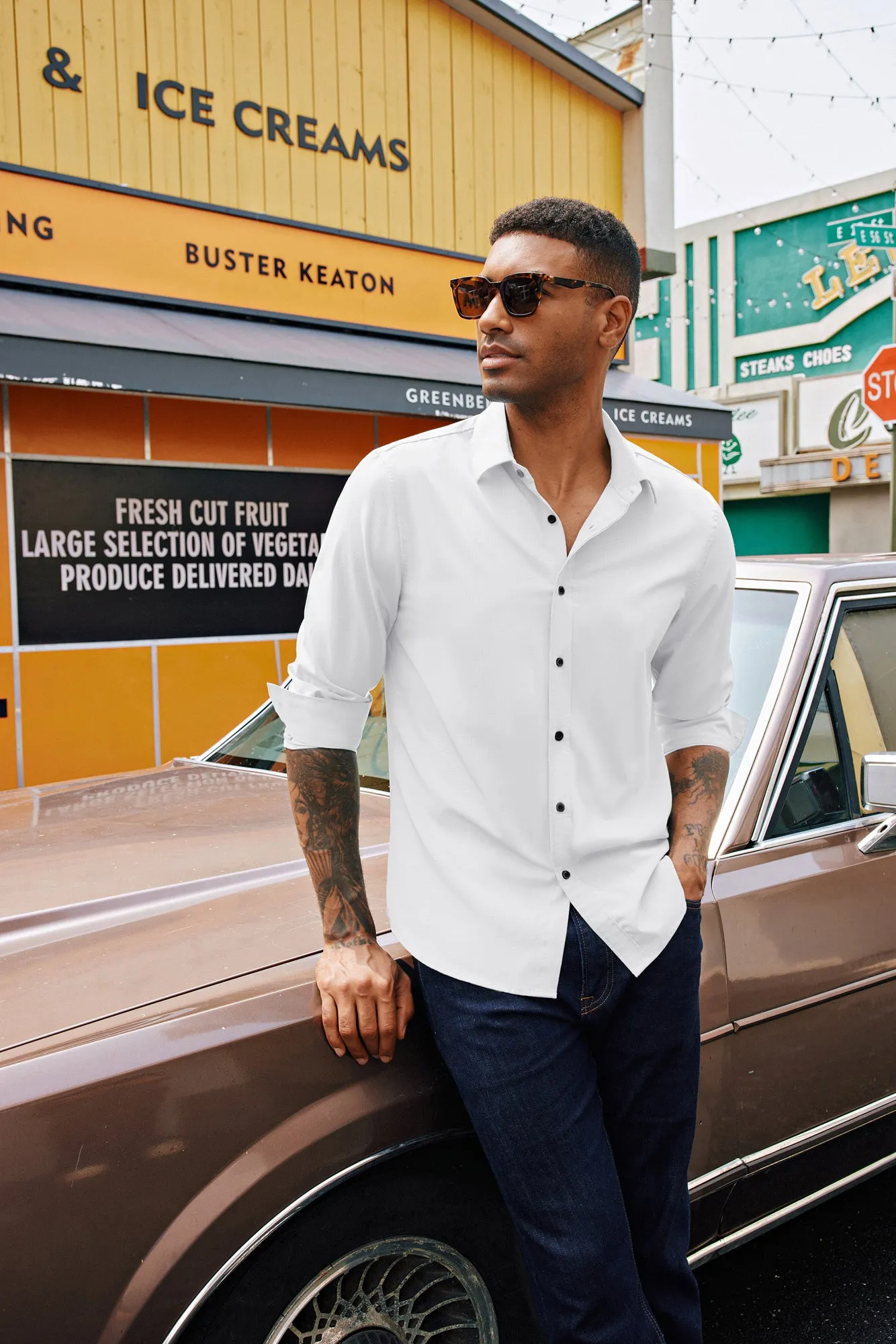 Men Stylish Shirt Long Sleeve Classic Collar Curved Hem Button-up Tops