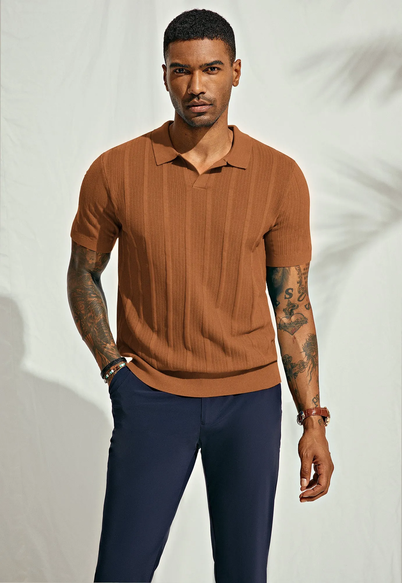 Mens Polo Shirts Textured Knit V-Neck Golf Polo Shirts