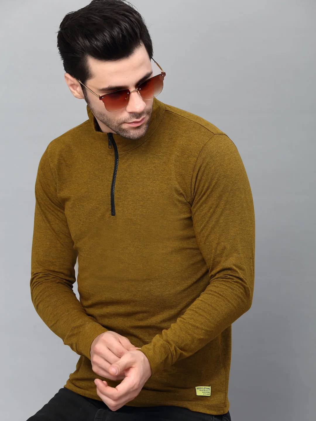 Mustard Black Henley Neck Full Sleeve T-Shirt