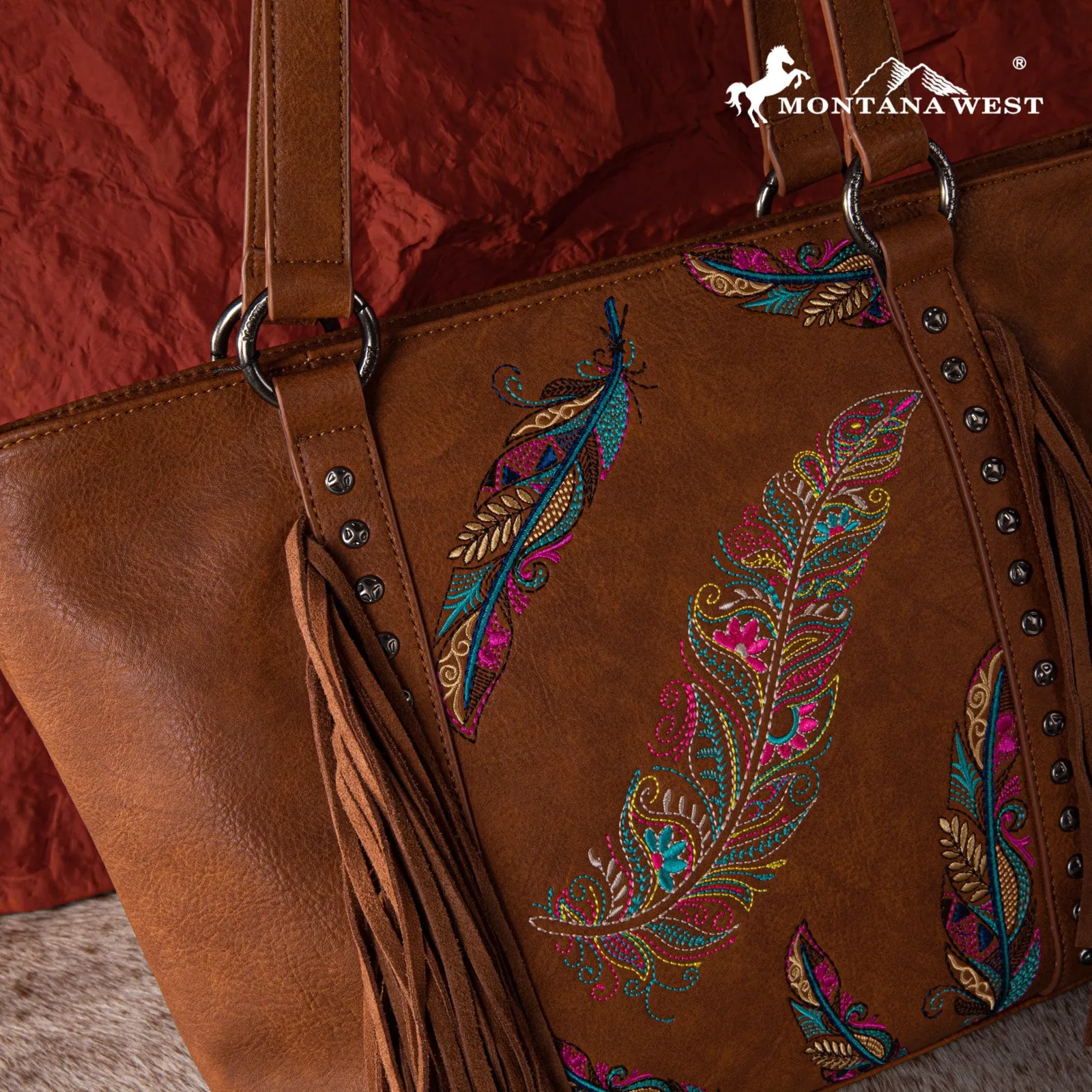 MW1242G-8317  Montana West Embroidered Feather Collection Concealed Carry Tote