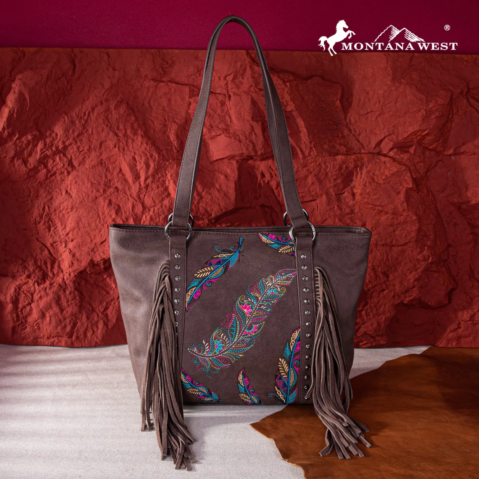 MW1242G-8317  Montana West Embroidered Feather Collection Concealed Carry Tote