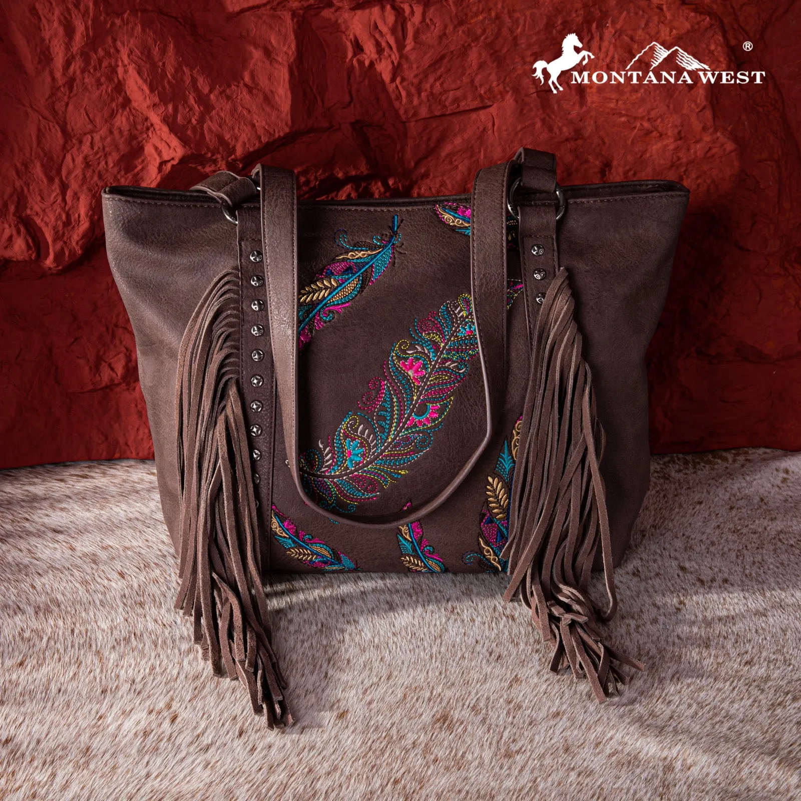 MW1242G-8317  Montana West Embroidered Feather Collection Concealed Carry Tote