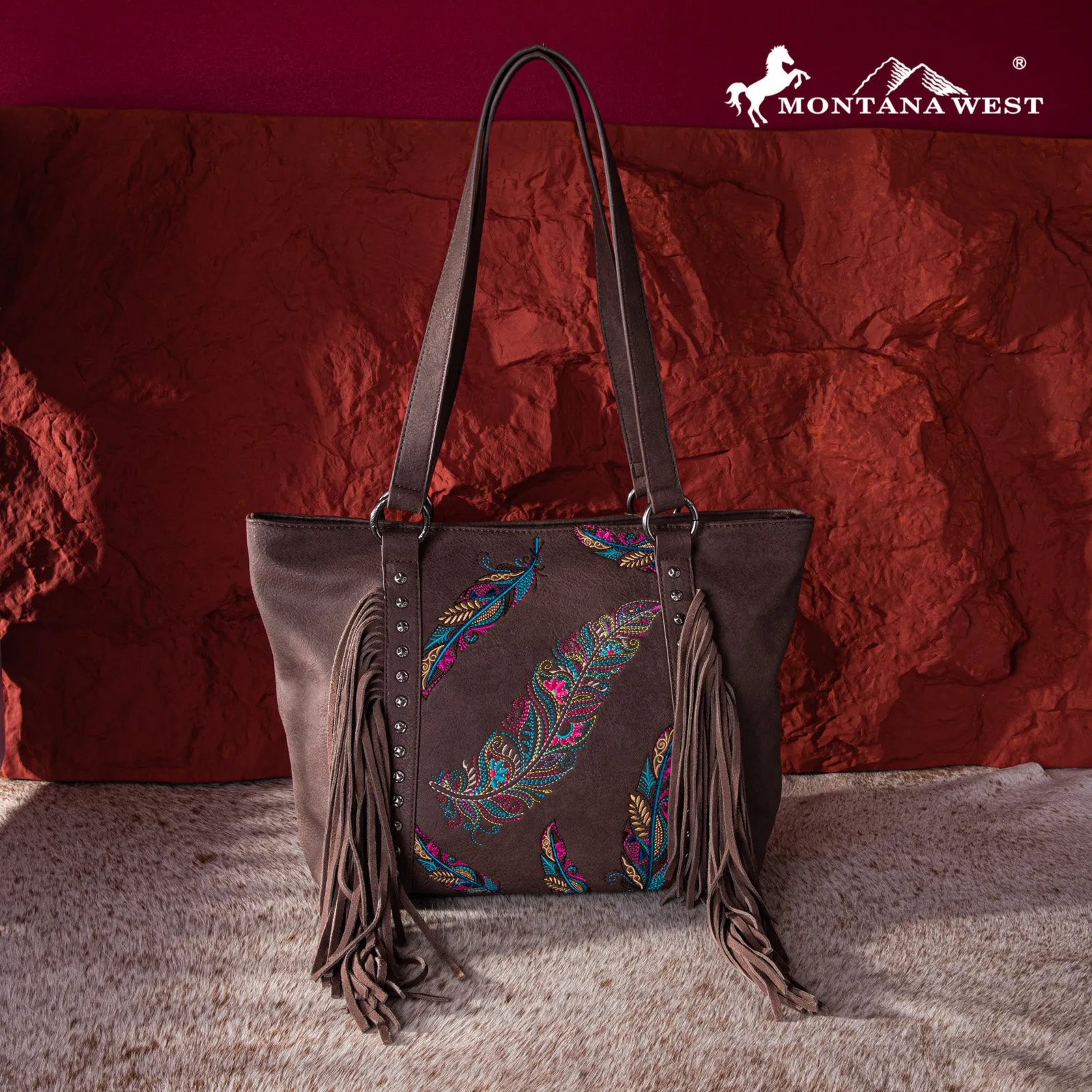 MW1242G-8317  Montana West Embroidered Feather Collection Concealed Carry Tote