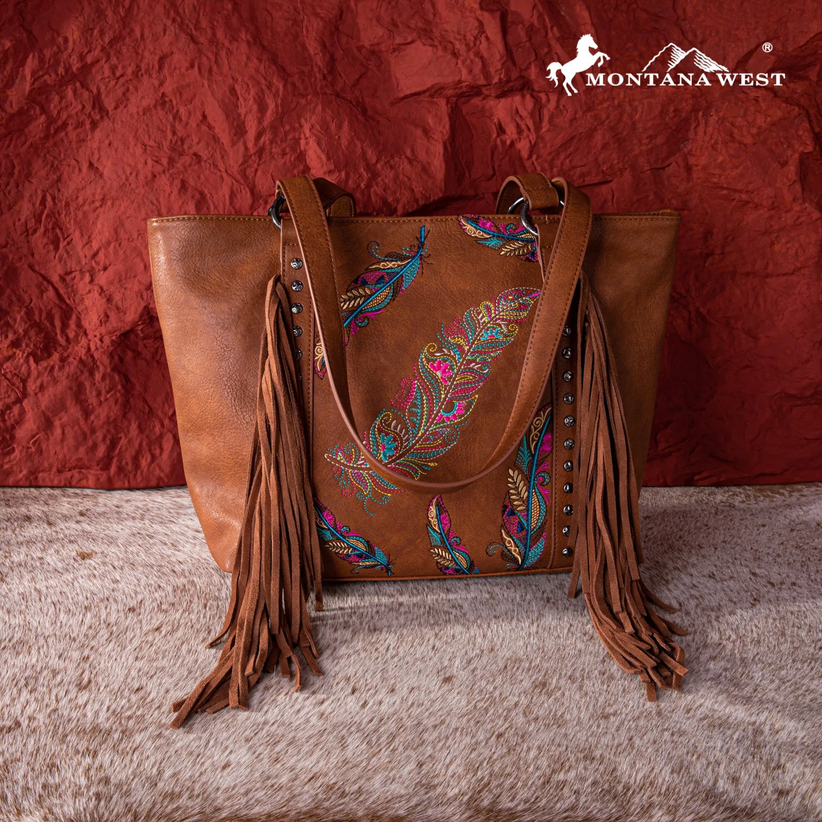 MW1242G-8317  Montana West Embroidered Feather Collection Concealed Carry Tote