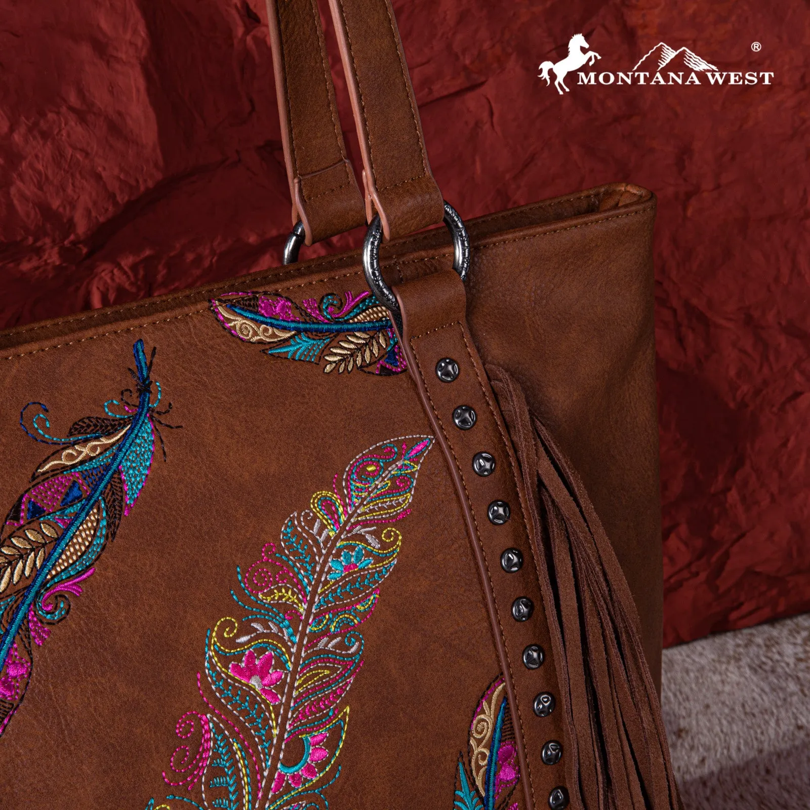 MW1242G-8317  Montana West Embroidered Feather Collection Concealed Carry Tote