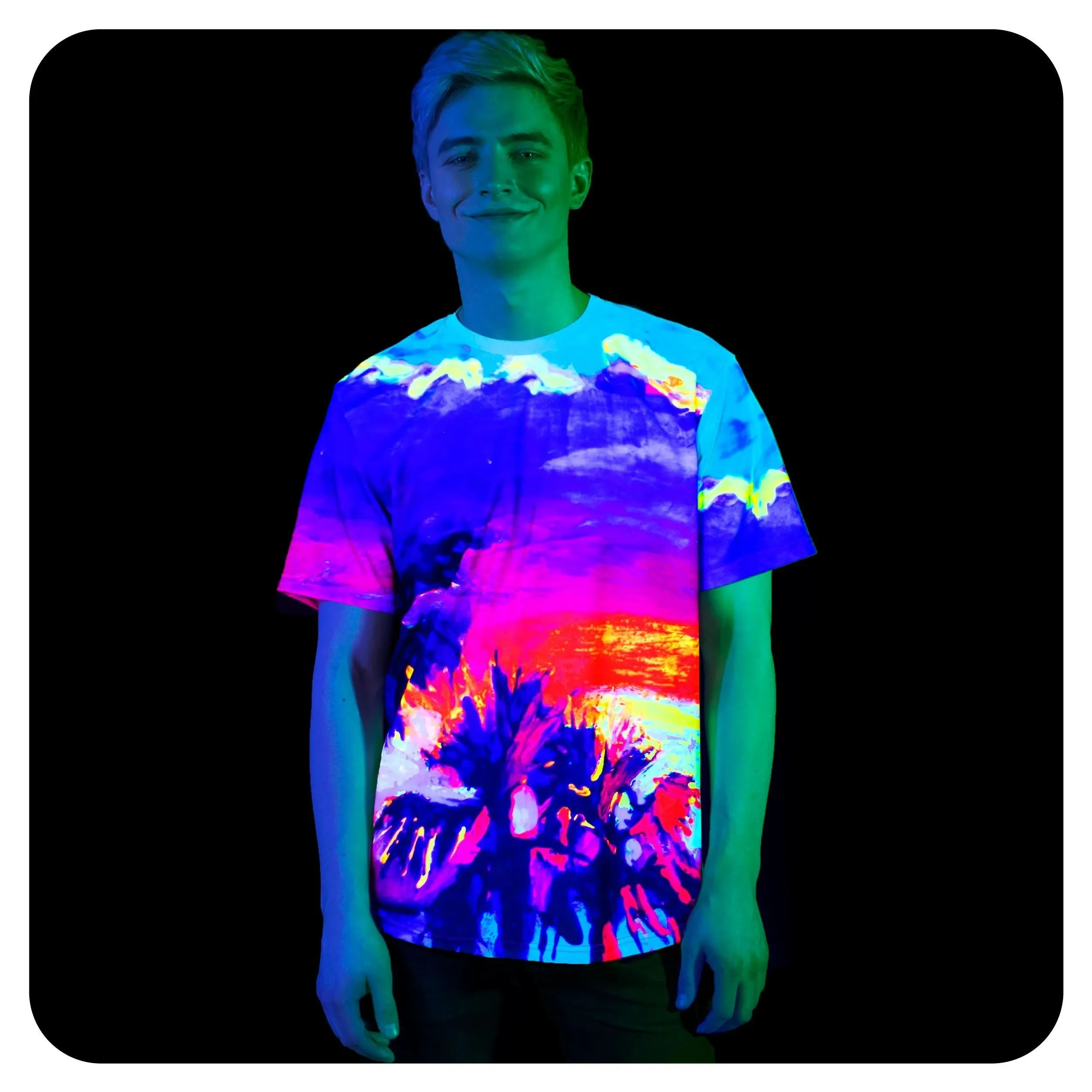 Neon Tshirt Glow in Blacklight Fluorescent Paradise Palms