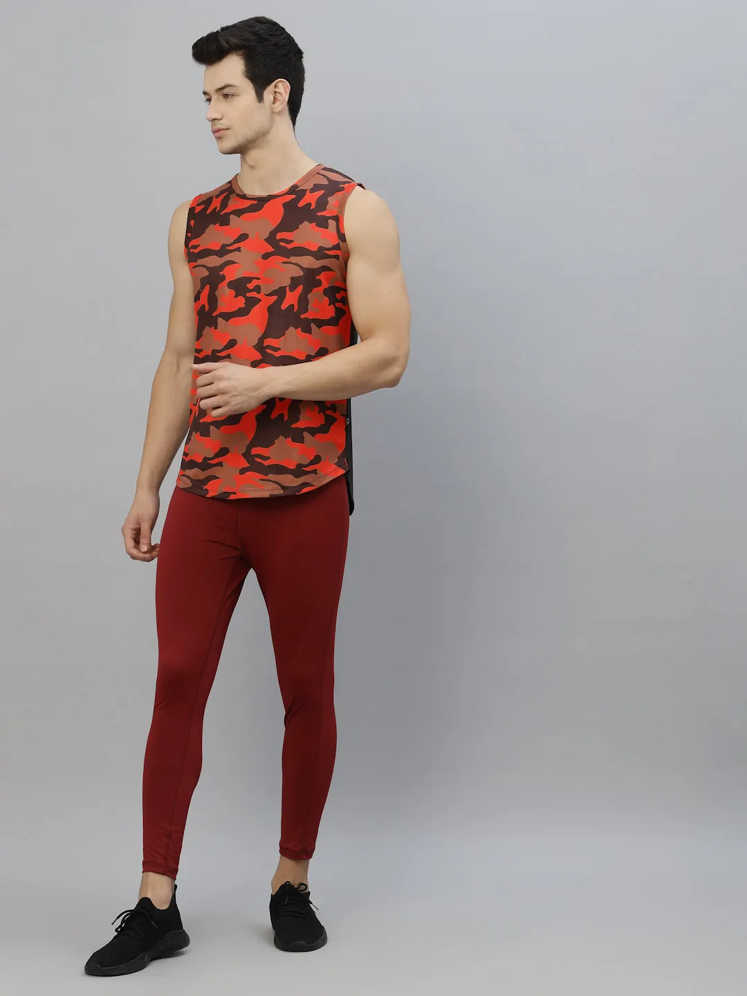 Orange Camouflage Printed Round Neck Sleeveless Activewear T-Shirt Vest